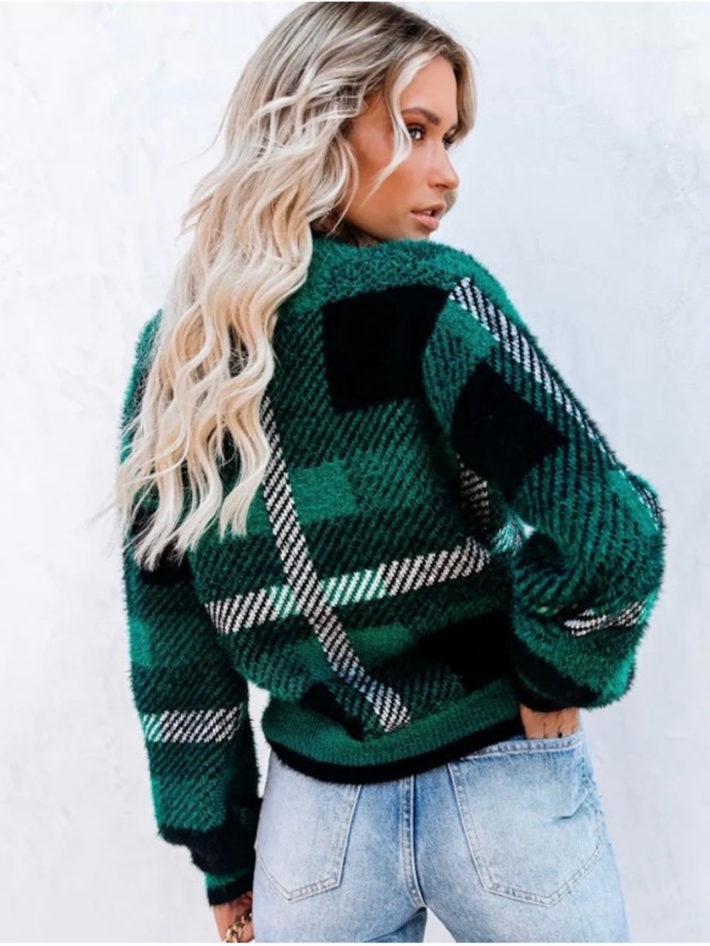 English Factory Taylor Plaid Fuzzy Knit Cardigan - Picture 3 of 8